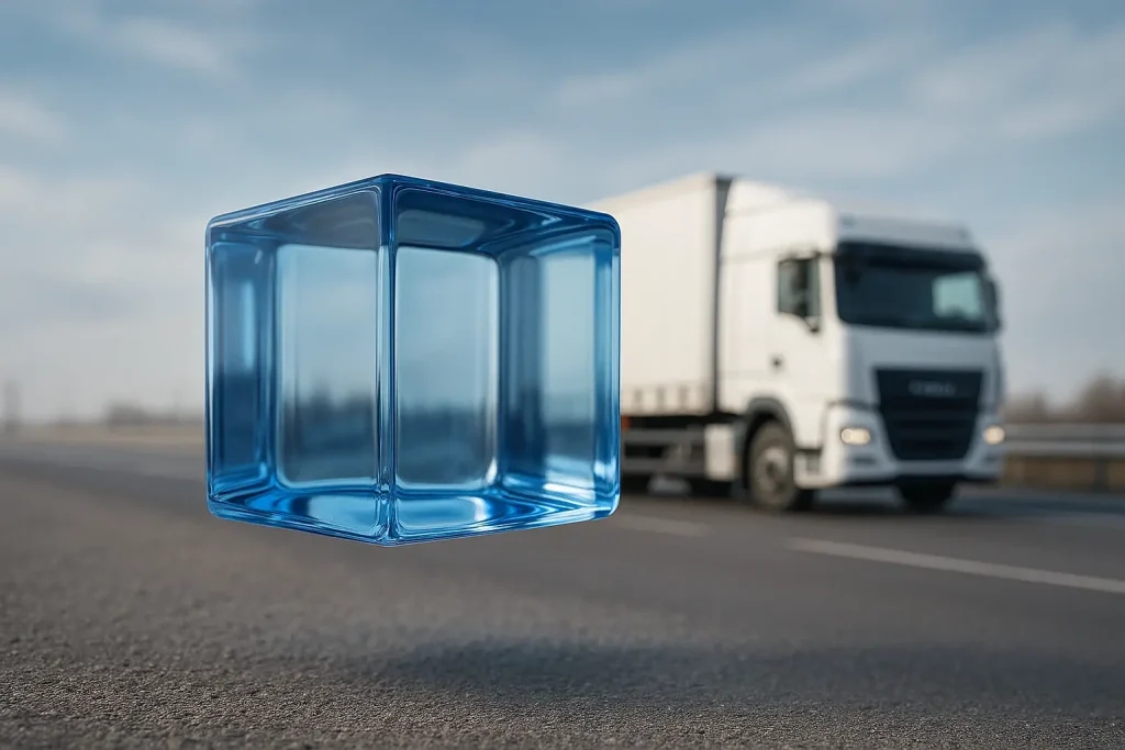 Transparent blue cube floating on highway with logistics truck in background — symbolizing framework isolation and domain-specific execution in RISI's reasoning system