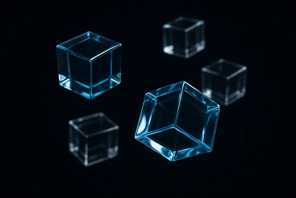 Glassy floating cubes on a dark background representing Risilogic's triggers, re-runs and loops